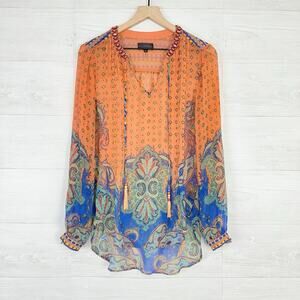 Hale Bob Silk Floral Top Women Orange Blue Sheer Boho Cottagecore Peasant Blouse